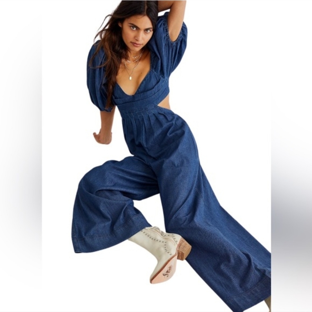 Free People Amy Denim Jumpsuit Open Back Wide Leg Women's S Small